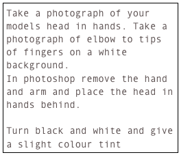 Take a photograph of your models head in hands. Take a photograph of elbow to tips of fingers on a white background.
In photoshop remove the hand and arm and place the head in hands behind.

Turn black and white and give a slight colour tint