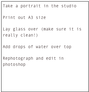Take a portrait in the studio

Print out A3 size

Lay glass over (make sure it is really clean!)

Add drops of water over top

Rephotograph and edit in photoshop